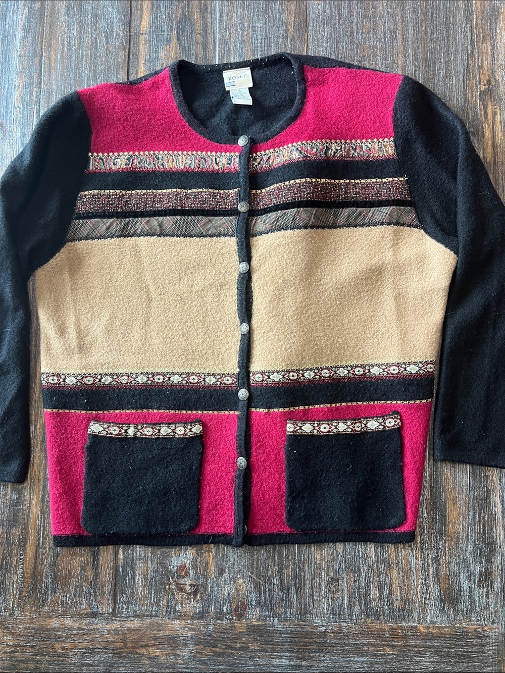 Vintage Koret Button-Front Cardigan in Pink, Black, Cream 100% Wool
